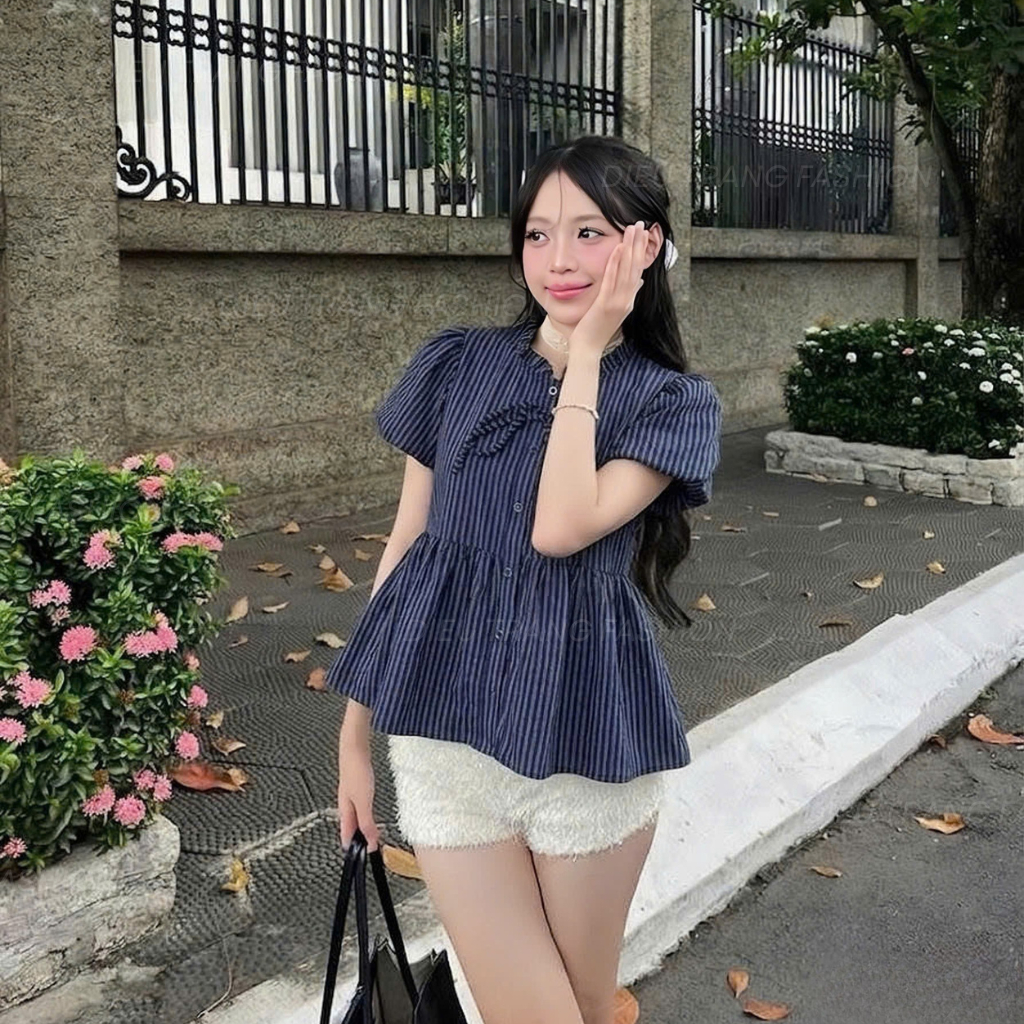 Áo Sơ Mi Nữ Kẻ Sọc Baby Doll Thắt Nơ Cổ Bèo Nhún Tôn Dáng Big Size 55-90Kg AT9119 Diệu Trang Fashion