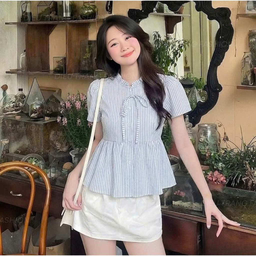 Áo Sơ Mi Nữ Kẻ Sọc Baby Doll Thắt Nơ Cổ Bèo Nhún Tôn Dáng Big Size 55-90Kg AT9119 Diệu Trang Fashion