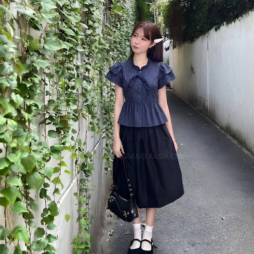 Áo Sơ Mi Nữ Kẻ Sọc Baby Doll Thắt Nơ Cổ Bèo Nhún Tôn Dáng Big Size 55-90Kg AT9119 Diệu Trang Fashion