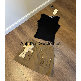 Set 2 món áo hai dây bản to + chân váy ngắn gắn gấu cute