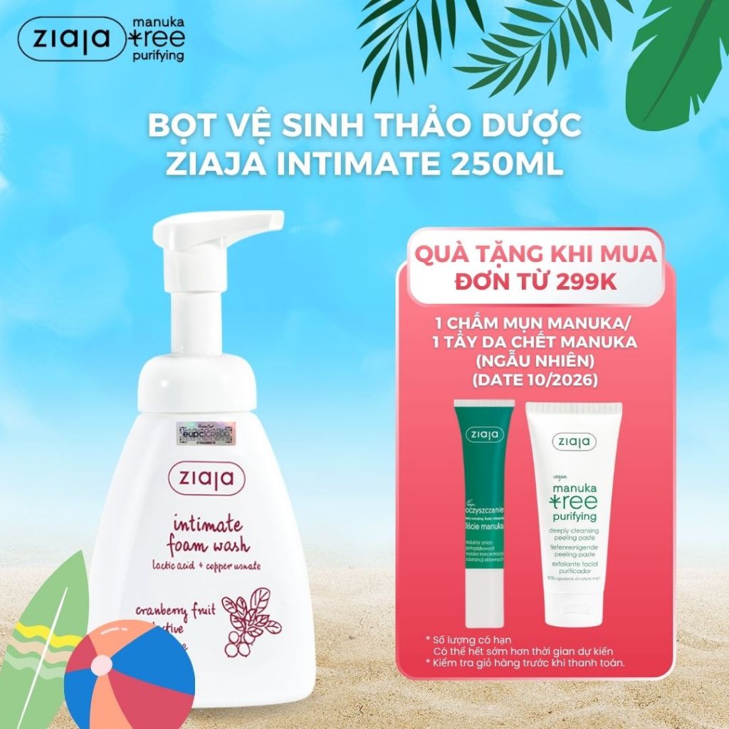 Bọt Vệ Sinh Thảo Dược Siêu Dịu Nhẹ Bảo vệ Ziaja Intimate Foam Wash Cranberry Fruit Protective 250ml