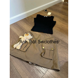 Set 2 món áo hai dây bản to + chân váy ngắn gắn gấu cute