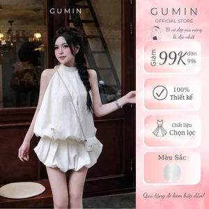 Set cổ yếm hở lưng GUMIN thiết kế áo dáng bí kèm chân váy bí ngắn tiểu thư vintage, Set đồ nữ sang chảnh thanh lịch