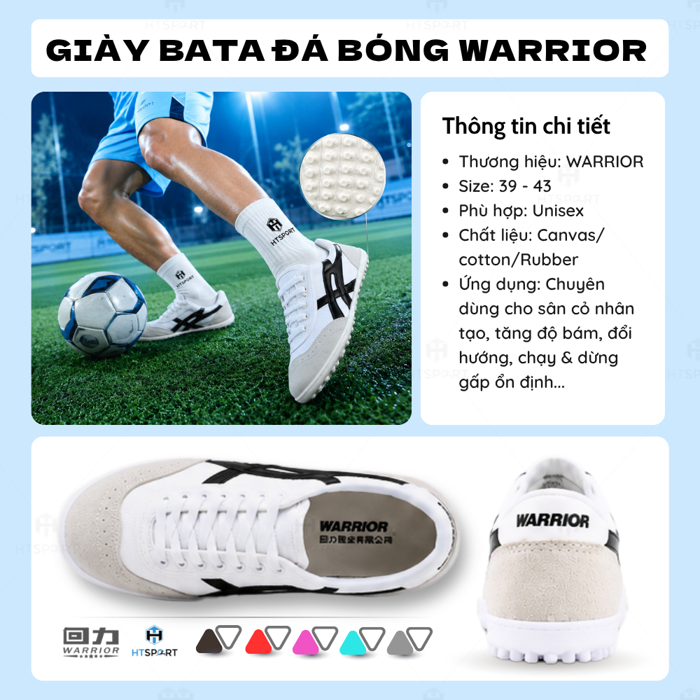 Giày Bata Vải Warrior Đá Bóng Đế Trắng TF, Khâu Full Đế Kèm Dây Chắc Chắn, Phù Hợp Sân Cỏ Nhân Tạo