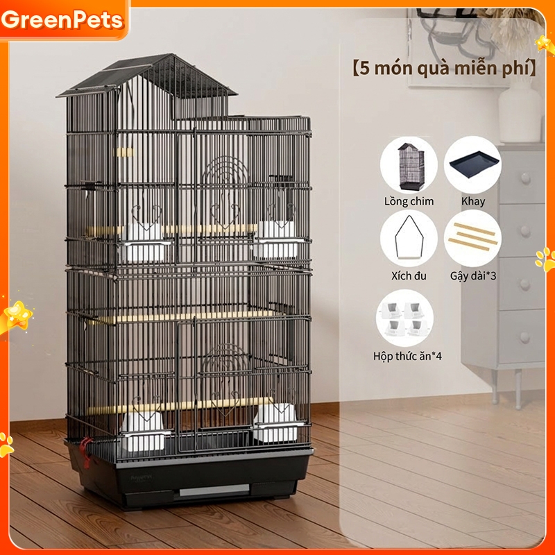 Lồng Chim Lớn Dáng Mái Nhà Sắt Sơn Tĩnh Điện Nhiều Tầng Thoáng Khí Cho Vẹt Kèm Phụ Kiện