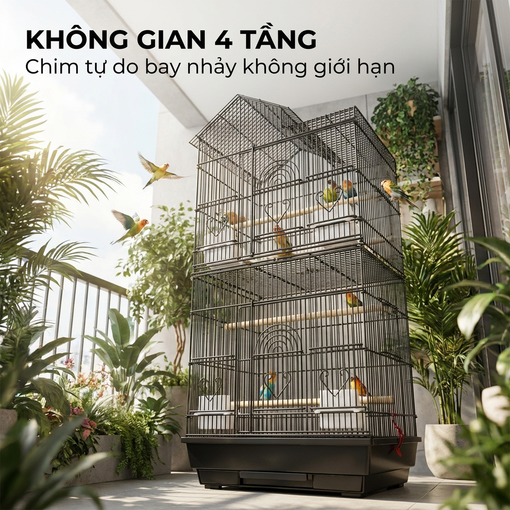 Lồng Chim Lớn Dáng Mái Nhà Sắt Sơn Tĩnh Điện Nhiều Tầng Thoáng Khí Cho Vẹt Kèm Phụ Kiện
