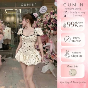 Đầm chấm bi ngắn GUMIN thiết kế cổ vuông tay bồng dáng ôm body chân bí phồng tiểu thư, Váy kiểu nữ dự tiệc sang chảnh