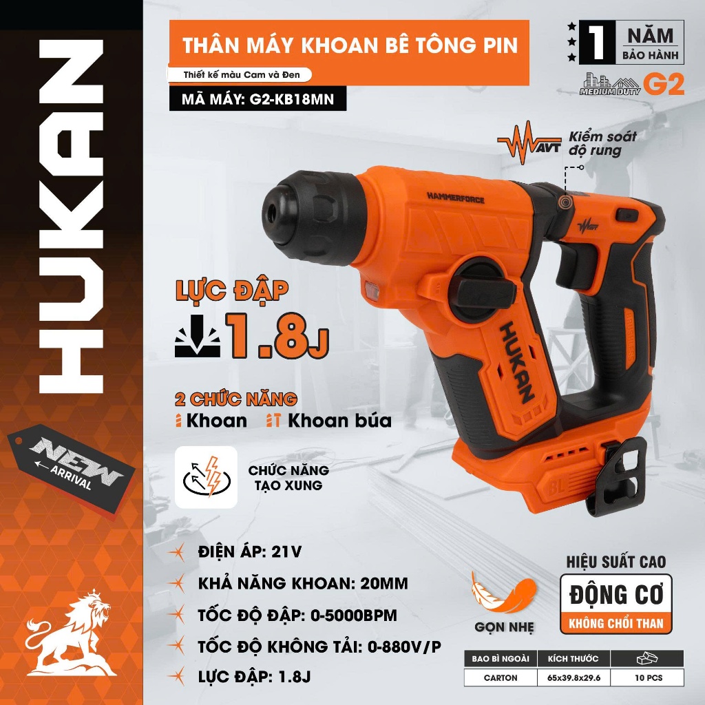 Thân Máy Khoan Đục Mini 21V HUKAN G2-KB18MN | Lực Đập1.8J, 2 Chức Năng Khoan Búa | Động Cơ Không Chổi Than Siêu Nhẹ 1.4k