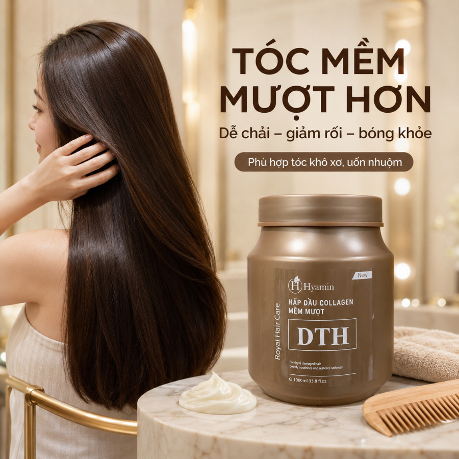 [HYAMIN CHÍNH HÃNG] Kem ủ tóc Hyamin Collagen DTH phục hồi tóc khô xơ hư tổn mềm mượt 1000ml, Dưỡng Mềm Mượt Bóng Khỏe