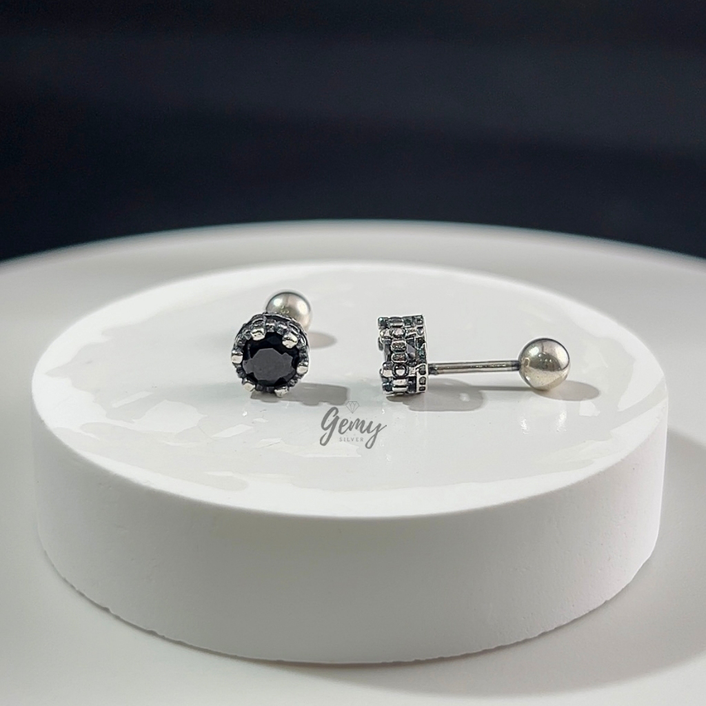 Khuyên tai nam bạc 925 Harry mặt nụ đính đá 2 phân loại màu trắng và màu đen  (1 chiếc) | GEMY SILVER KN97