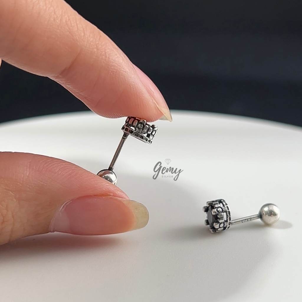 Khuyên tai nam bạc 925 Harry mặt nụ đính đá 2 phân loại màu trắng và màu đen  (1 chiếc) | GEMY SILVER KN97