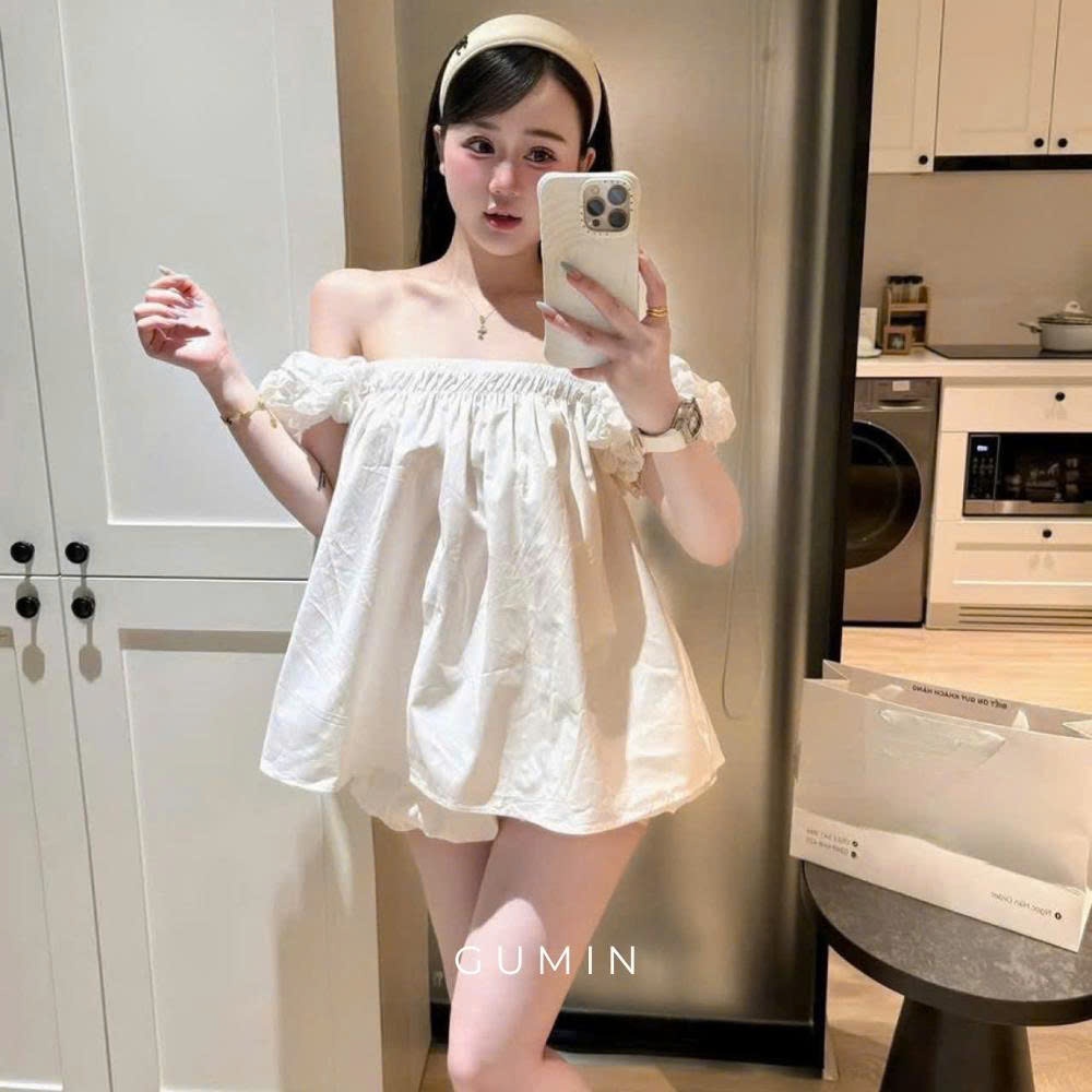 Set babydoll chun vai GUMIN thiết kế áo dáng rộng xòe nhẹ kèm chân váy bí xoè ngắn tiểu thư sang chảnh