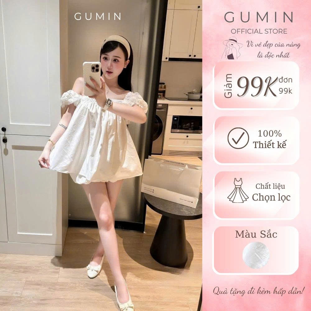 Set babydoll chun vai GUMIN thiết kế áo dáng rộng xòe nhẹ kèm chân váy bí xoè ngắn tiểu thư sang chảnh
