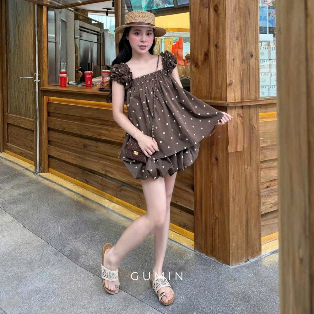 Set babydoll chun vai GUMIN thiết kế áo dáng rộng xòe nhẹ kèm chân váy bí xoè ngắn tiểu thư sang chảnh