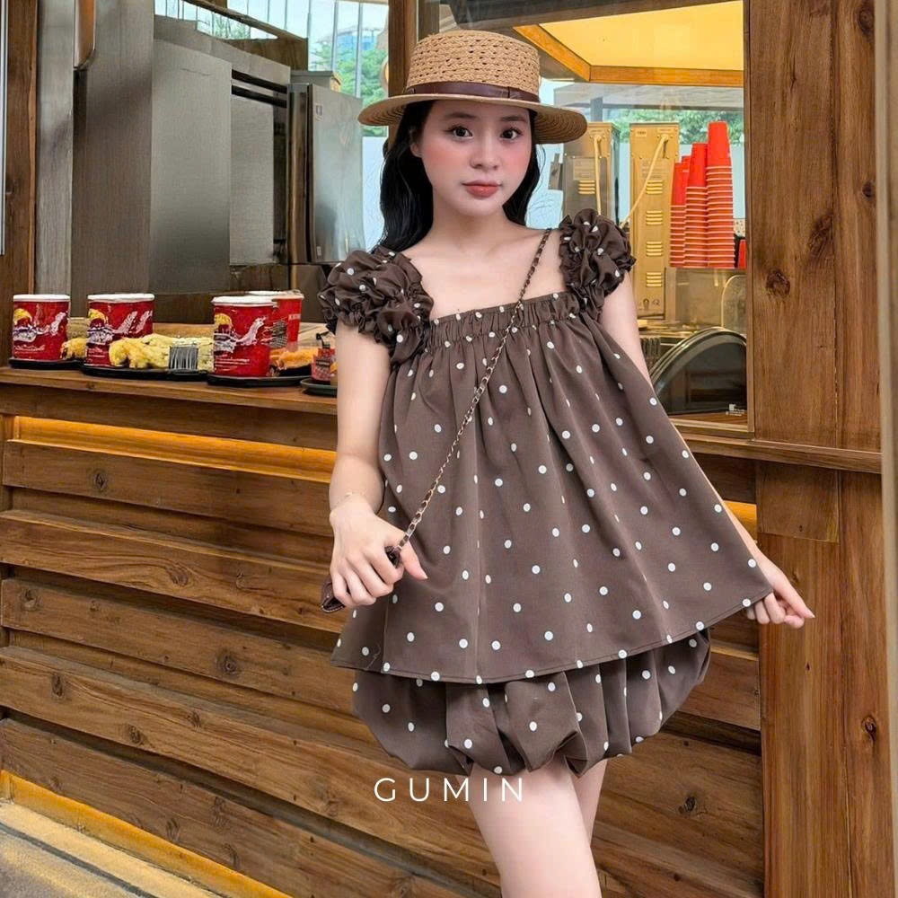 Set babydoll chun vai GUMIN thiết kế áo dáng rộng xòe nhẹ kèm chân váy bí xoè ngắn tiểu thư sang chảnh