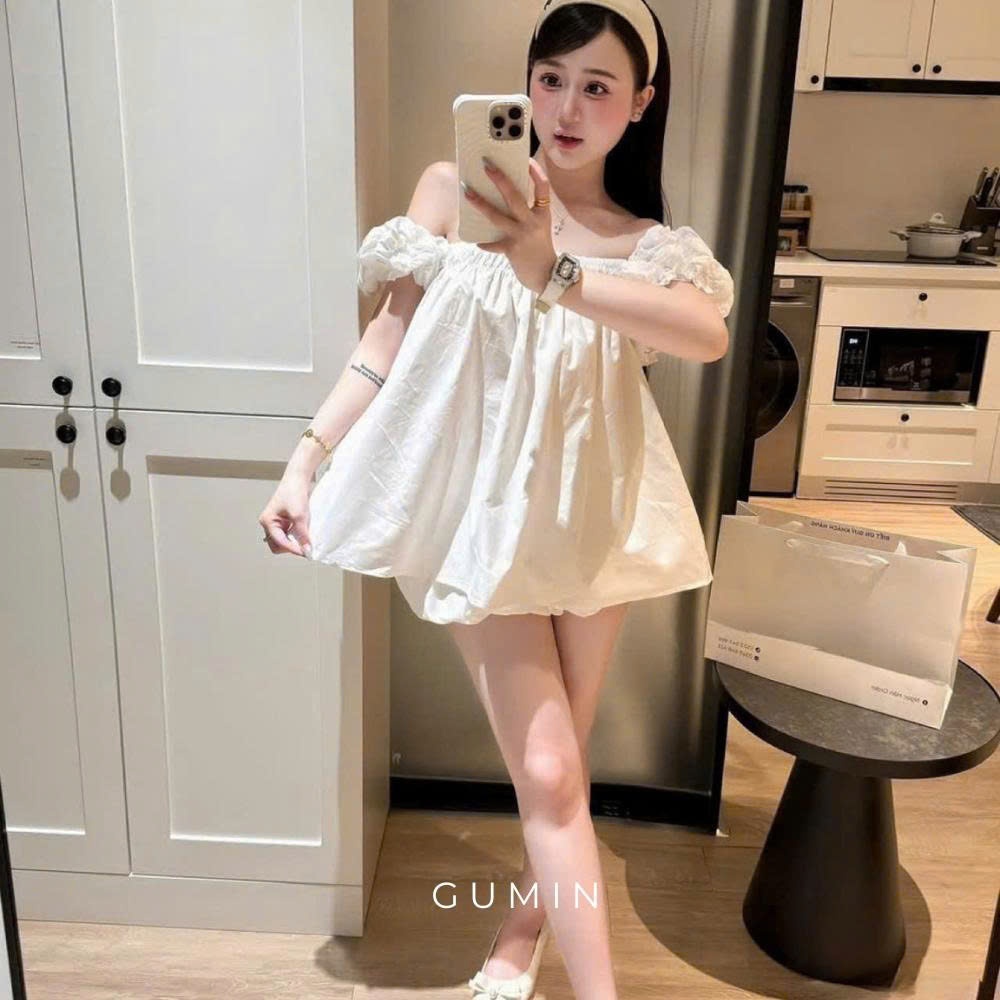 Set babydoll chun vai GUMIN thiết kế áo dáng rộng xòe nhẹ kèm chân váy bí xoè ngắn tiểu thư sang chảnh