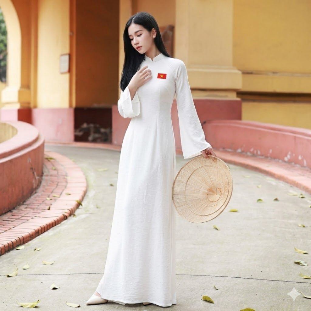 Áo Dài Truyền Thống Dáng Suông LICHEE Vải Lụa Gấm Vân Dáng Truyền Thống Tay Loe Dài Đính Kèm Lá Cờ Việt Nam