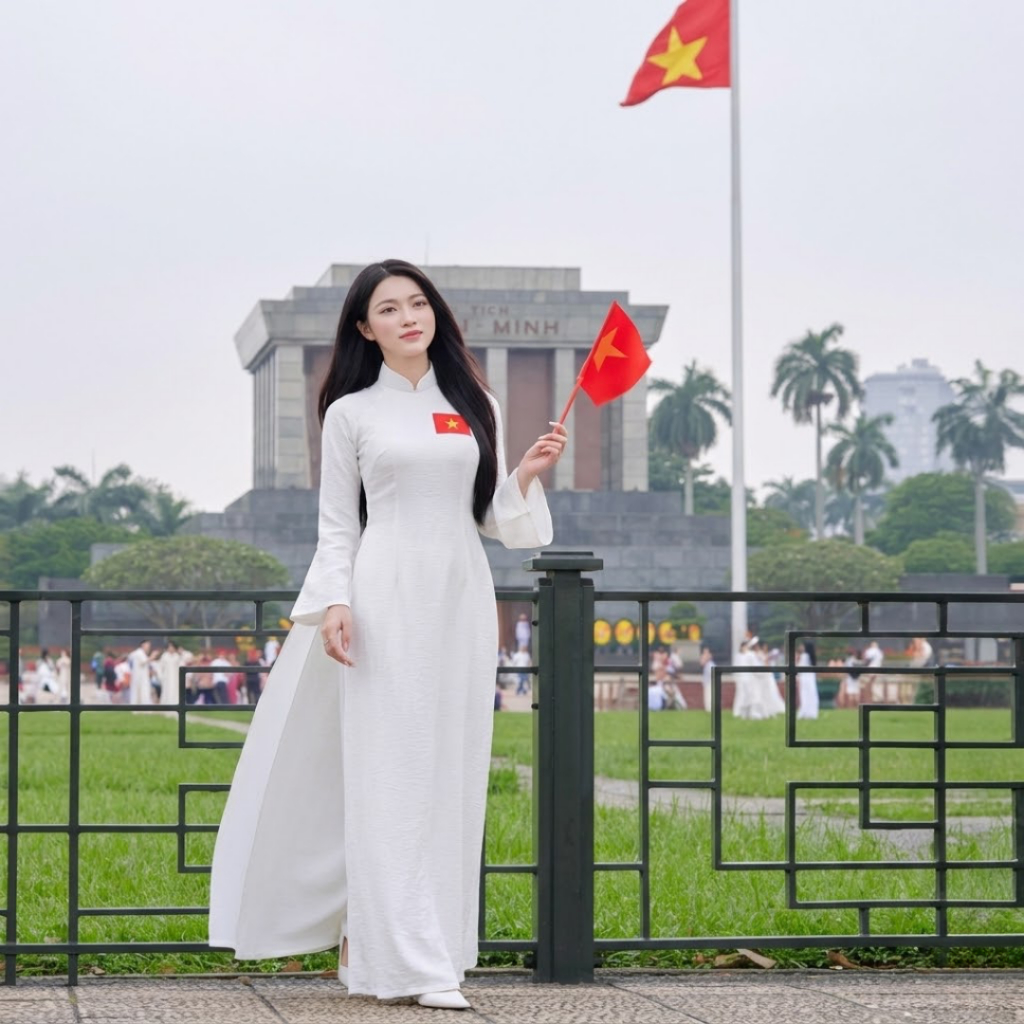 Áo Dài Truyền Thống Dáng Suông LICHEE Vải Lụa Gấm Vân Dáng Truyền Thống Tay Loe Dài Đính Kèm Lá Cờ Việt Nam