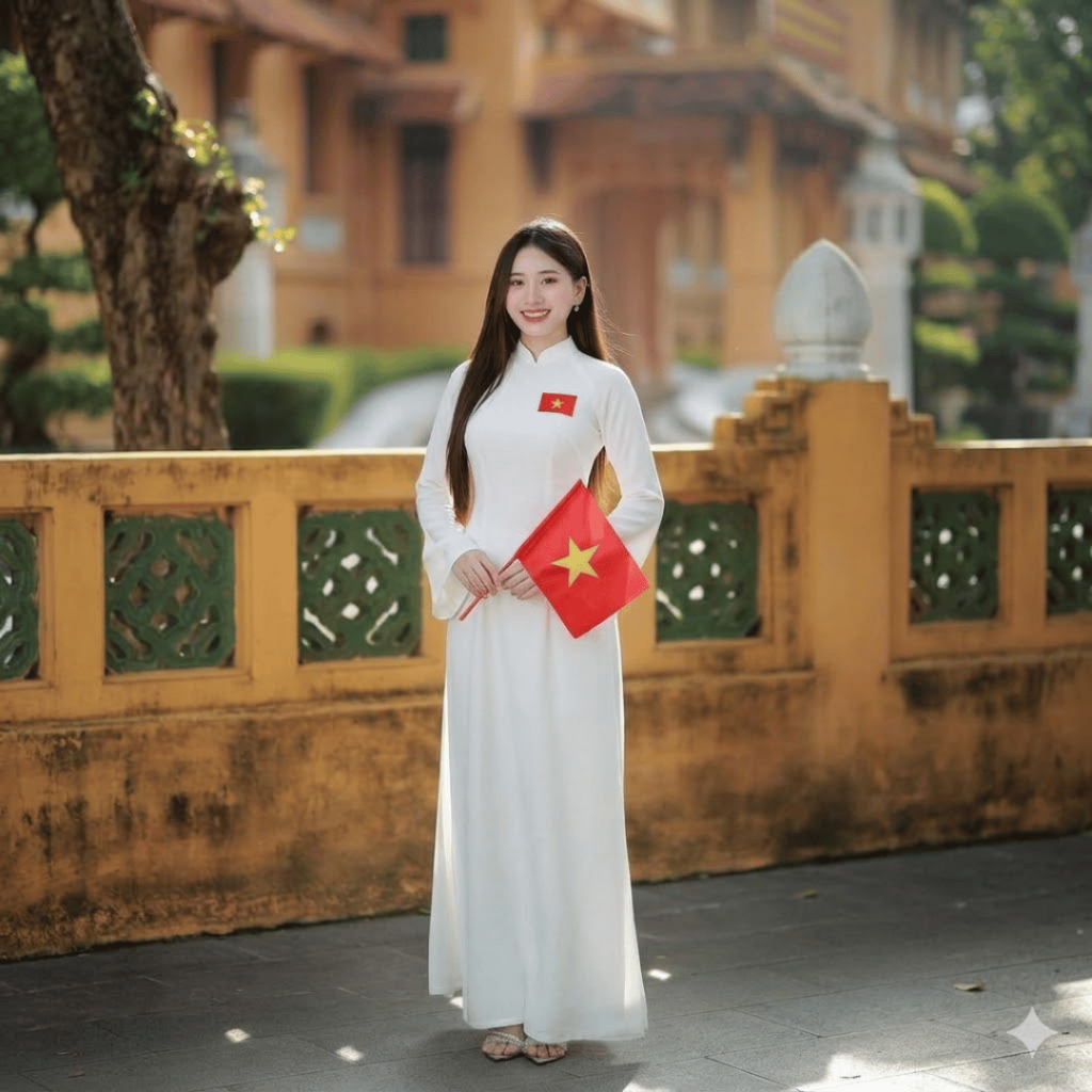 Áo Dài Truyền Thống Dáng Suông LICHEE Vải Lụa Gấm Vân Dáng Truyền Thống Tay Loe Dài Đính Kèm Lá Cờ Việt Nam