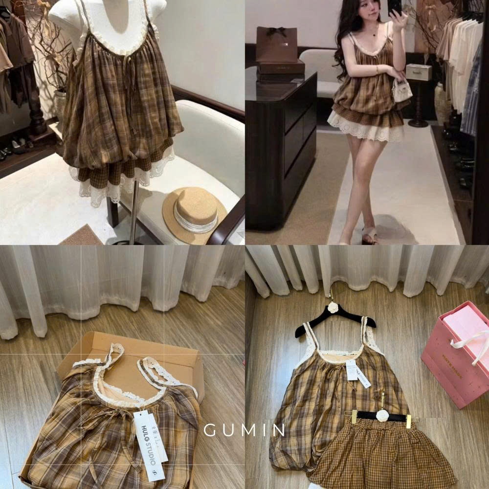 Set hai dây kẻ vàng GUMIN thiết kế áo dáng bí viền ren bèo kèm chân váy kẻ caro phối ren sang chảnh cao cấp