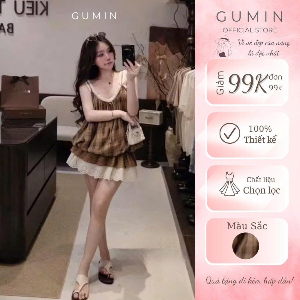 Set hai dây kẻ vàng GUMIN thiết kế áo dáng bí viền ren bèo kèm chân váy kẻ caro phối ren sang chảnh cao cấp