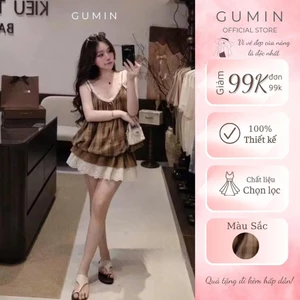 Set hai dây kẻ vàng GUMIN thiết kế áo dáng bí viền ren bèo kèm chân váy kẻ caro phối ren sang chảnh cao cấp