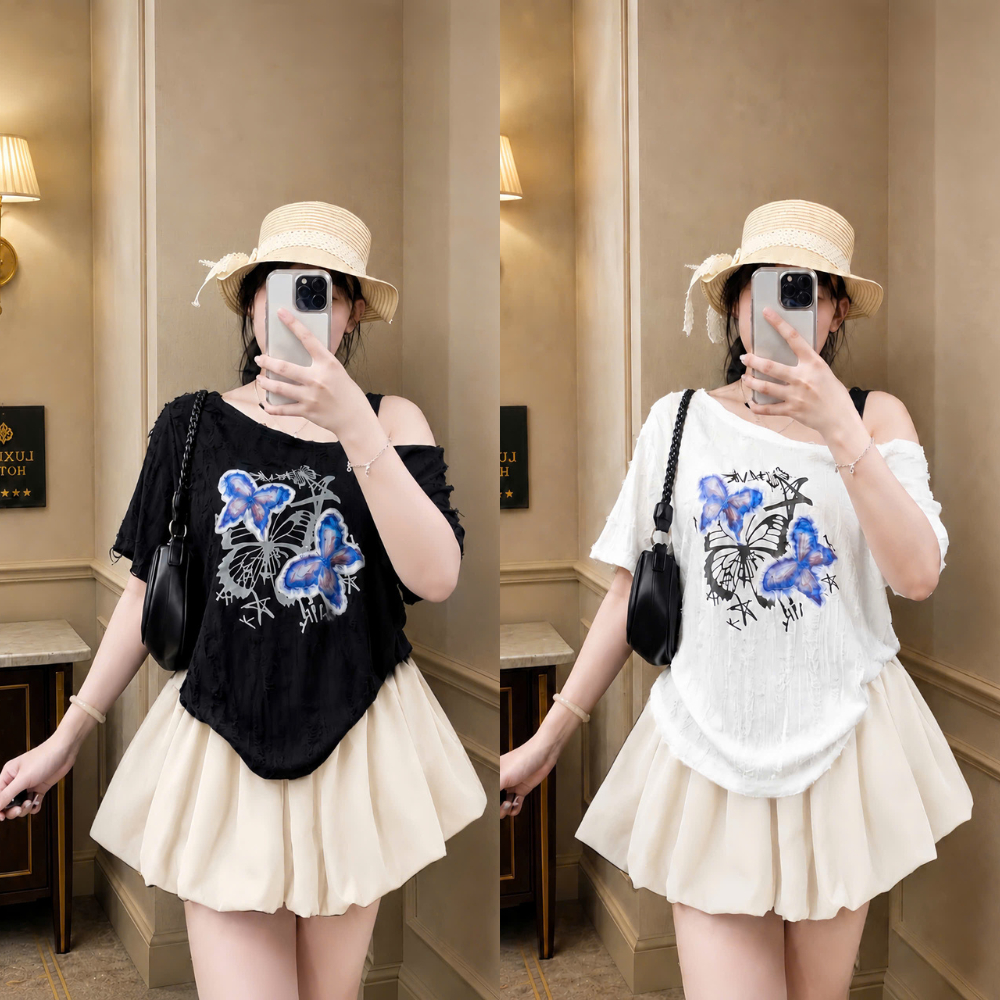 Áo Thun Lệch Vai In Hình Phối Chân Váy Đen Xòe – Set Đồ Bigsize Nữ Cá Tính Trẻ Trung A316+CV413