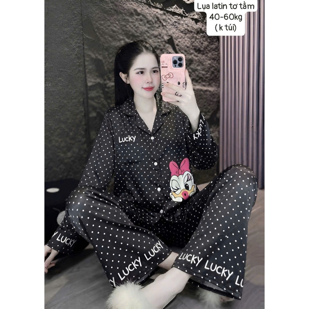 [FREESIZE] ĐỒ BỘ MẶC NHÀ TAY DÀI-PIJAMA LỤA LATIN CỔ V IN HỌA TIẾT