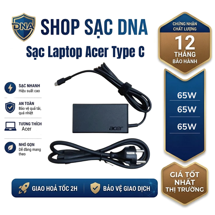 Sạc Laptop Acer Type C 65W 20V 3.25A – Adapter Sạc Nhanh, An Toàn Cho Laptop Acer Bảo Hành 12 Tháng