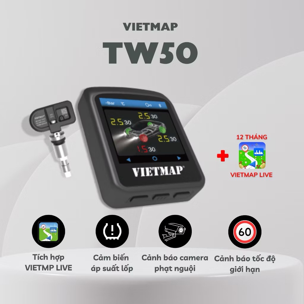 VIETMAP TW50 - Cảm Biến Áp Suất Lốp Van Trong - Tặng VIETMAP LIVE 12 Tháng