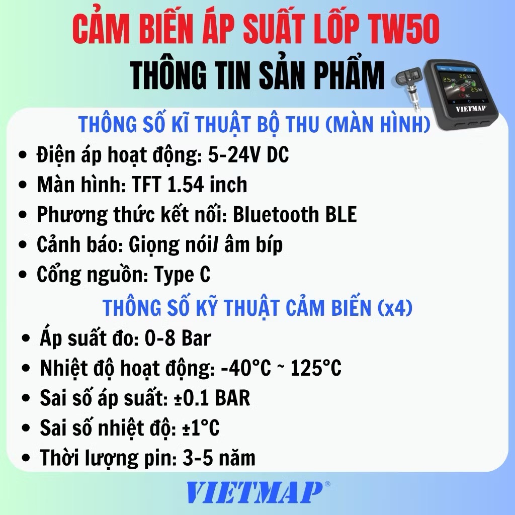 VIETMAP TW50 - Cảm Biến Áp Suất Lốp Van Trong - Tặng VIETMAP LIVE 12 Tháng