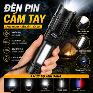 Đèn pin LED đa năng, sạc Type-C, có đèn bên tiện lợi, siêu sáng dùng cho cắm trại, sửa chữa, mất điện