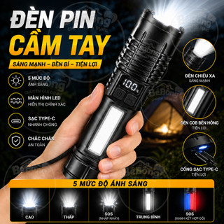 Đèn pin LED đa năng, sạc Type-C, có đèn bên tiện lợi, siêu sáng dùng cho cắm trại, sửa chữa, mất điện