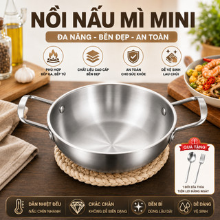 Nồi Nấu Mì Mini Đa Năng, Nồi Lẩu Nhỏ 2 Quai Cao Cấp, Dùng Bếp Ga & Bếp Từ, Tặng Kèm Bộ Muỗng Đũa Tiện Lợi