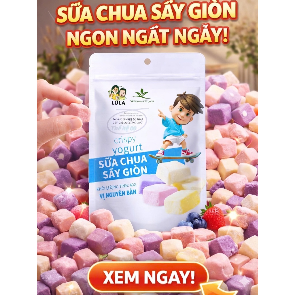Sữa chua sấy giòn Wakamono Organic 40g/gói, công nghệ sấy lạnh thăng hoa, giòn rụm, thơm ngon