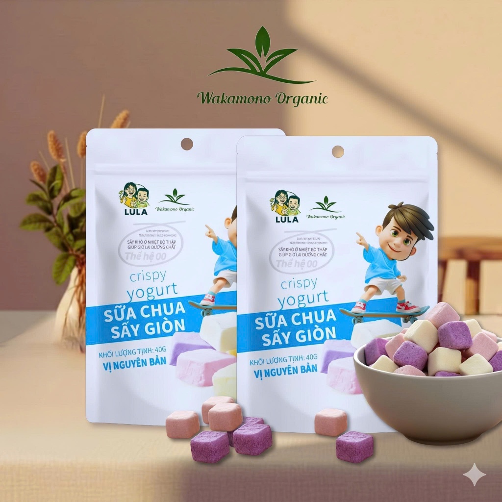 Sữa chua sấy giòn 4 vị Wakamono Organic 40g/gói, công nghệ sấy lạnh thăng hoa, giòn rụm, thơn ngon