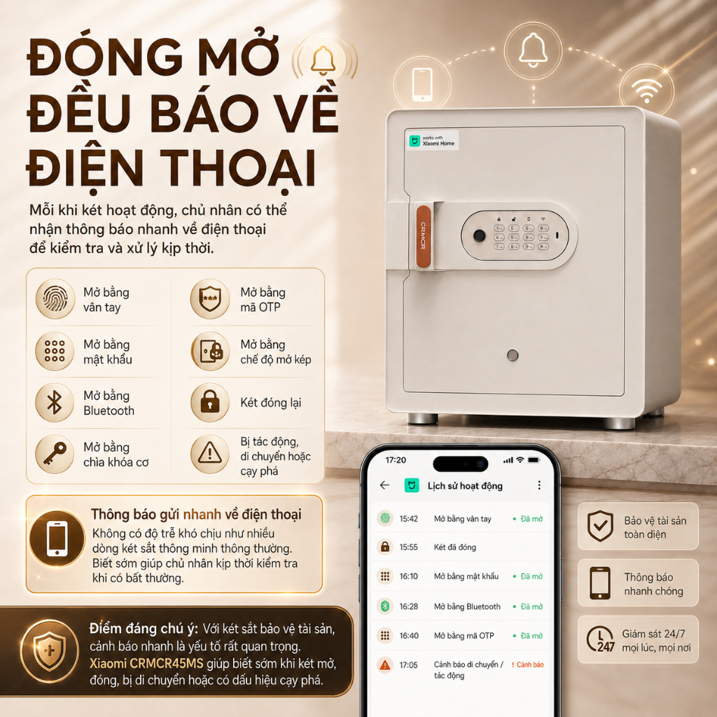 Két Sắt Xiaomi CRMCR 45MS Thông Minh Vân Tay Định Danh Người Mở Cảnh Báo Trộm Qua Điện Thoại Trọng lượng 35Kg