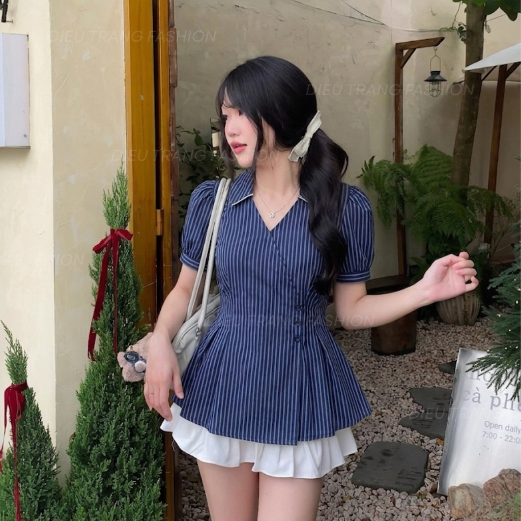 Áo Sơ Mi Nữ Baby Doll Kẻ Sọc Tay Phồng Che Bụng Tôn Dáng Bigsize AT470 Dieu Trang Fashion