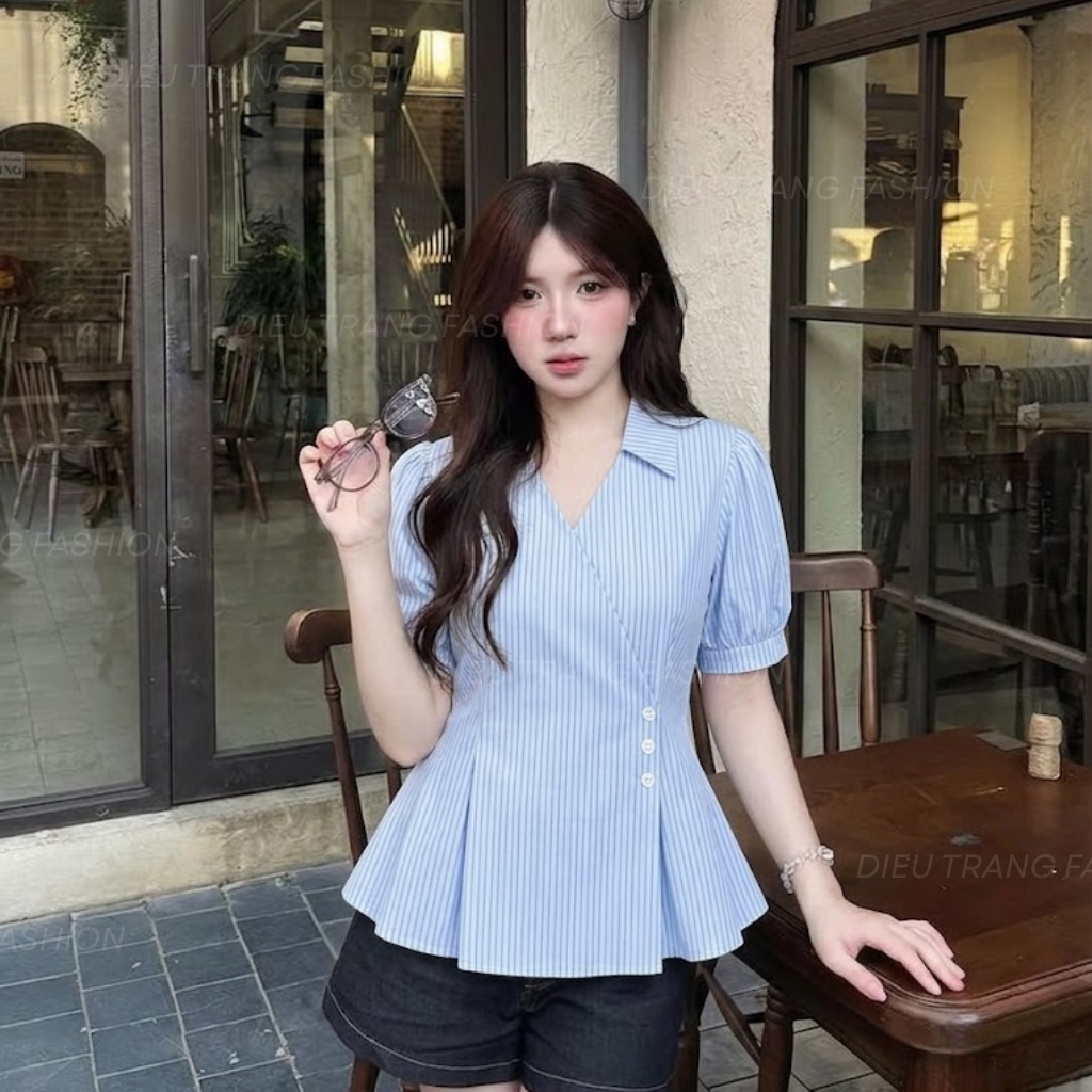 Áo Sơ Mi Nữ Baby Doll Kẻ Sọc Tay Phồng Che Bụng Tôn Dáng Bigsize AT470 Dieu Trang Fashion