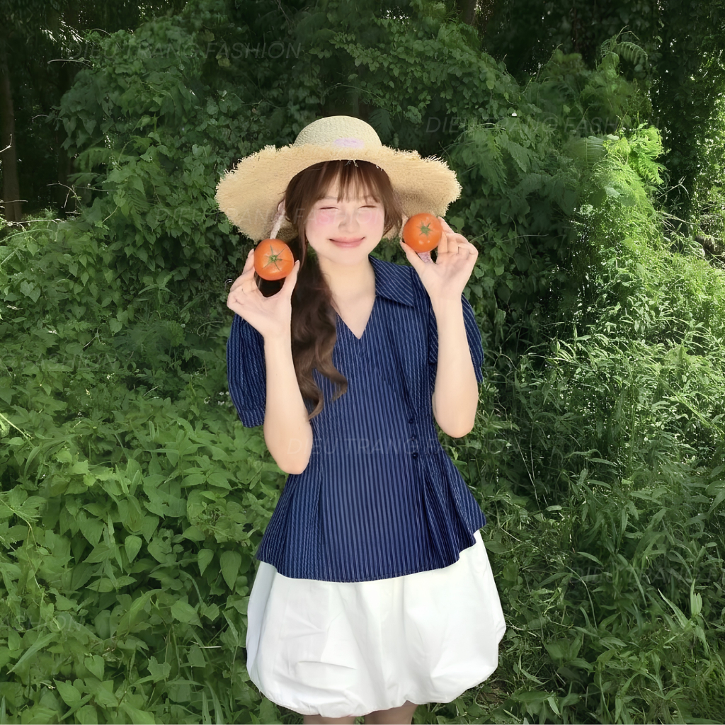 Áo Sơ Mi Nữ Baby Doll Kẻ Sọc Tay Phồng Che Bụng Tôn Dáng Bigsize AT470 Dieu Trang Fashion