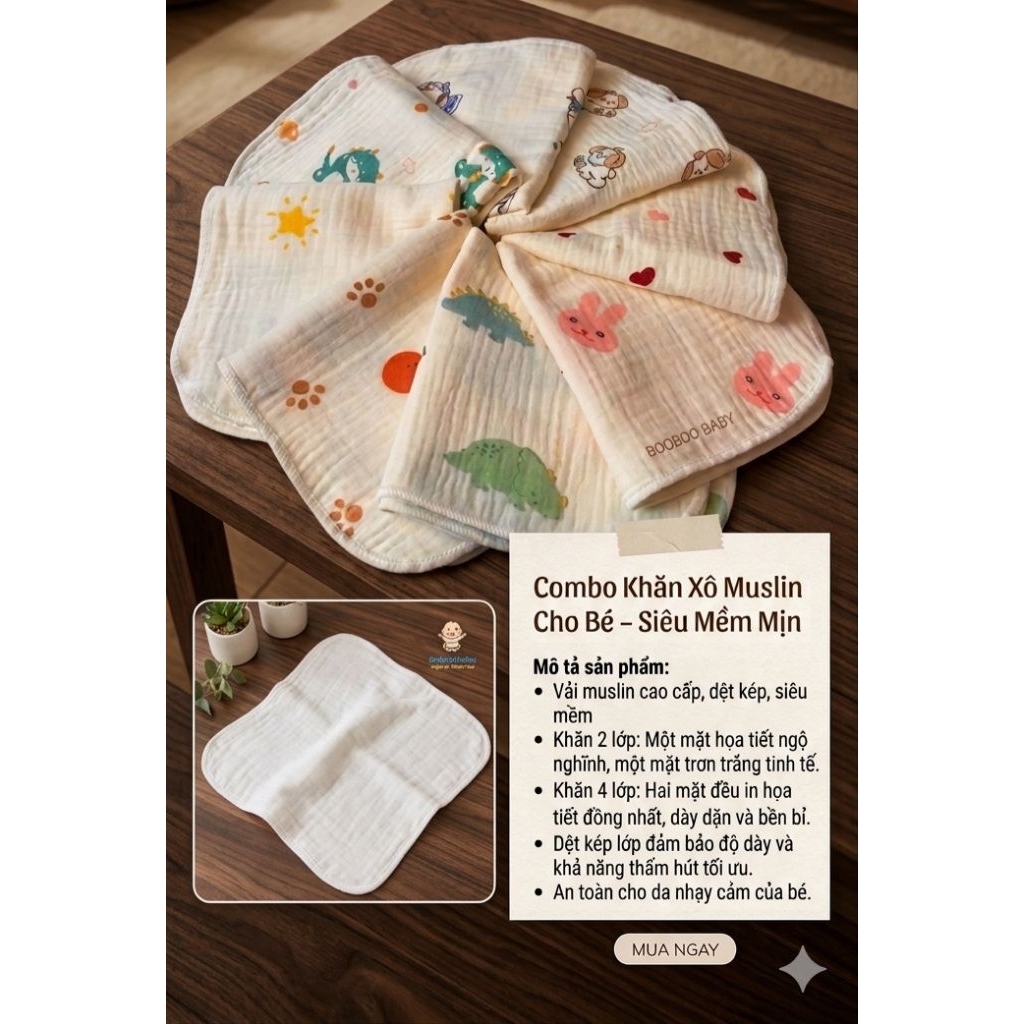 Set 5 khăn xô và set 10 khăn xô muslin 2 lớp và 4 lớp siêu thấm hút,mềm mại dành cho bé sơ sinh(size 28x28cm) BB245
