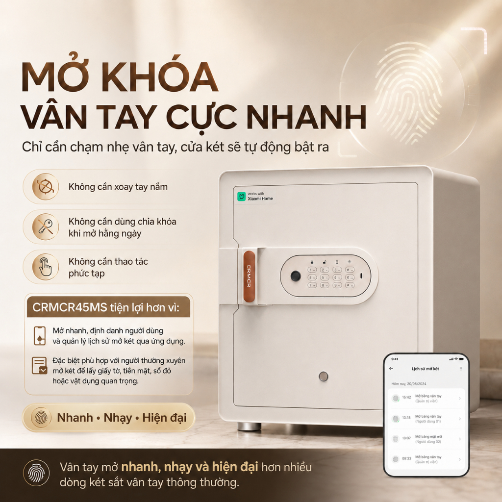 Két Sắt Xiaomi CRMCR 45MS Thông Minh Vân Tay Định Danh Người Mở Cảnh Báo Trộm Qua Điện Thoại Trọng lượng 35Kg