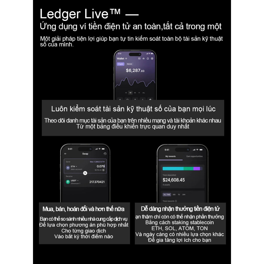 Ledger Nano X Ví Cứng Crypto, Ví Lạnh Bảo Mật, Màn Hình OLED, Chip Secure Element, Bảo Hành 2 Năm, Đổi Mới 3 Tháng