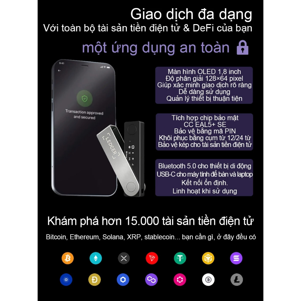 Ledger Nano X Ví Cứng Crypto, Ví Lạnh Bảo Mật, Màn Hình OLED, Chip Secure Element, Bảo Hành 2 Năm, Đổi Mới 3 Tháng