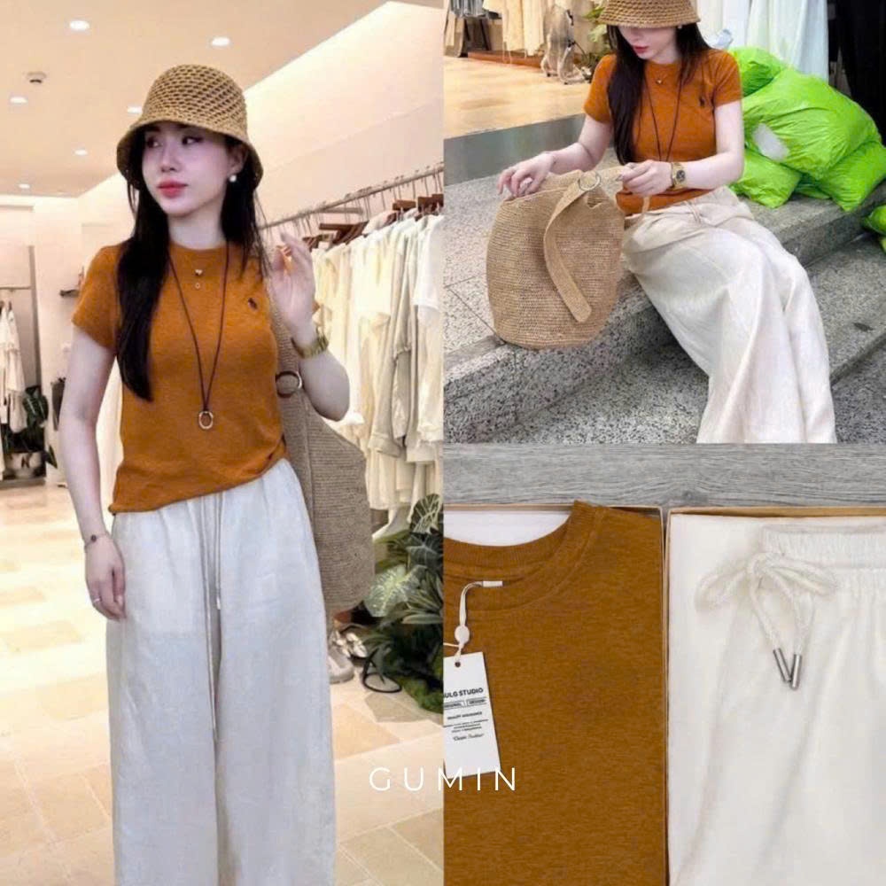 Set bộ áo cam quần suông GUMIN thiết kế áo thun thêu logo kèm quần suông be kem sang chảnh