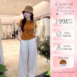 Set bộ áo cam quần suông GUMIN thiết kế áo thun thêu logo kèm quần suông be kem sang chảnh