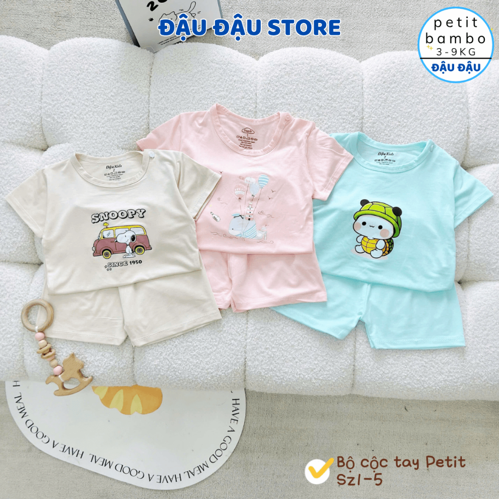 Set 2/3 Bộ cộc cài vai thun petit mềm mịn in hoạ tiết cho bé trai bé gái size 4-15 kg DK-CV333 Đậu Đậu Store