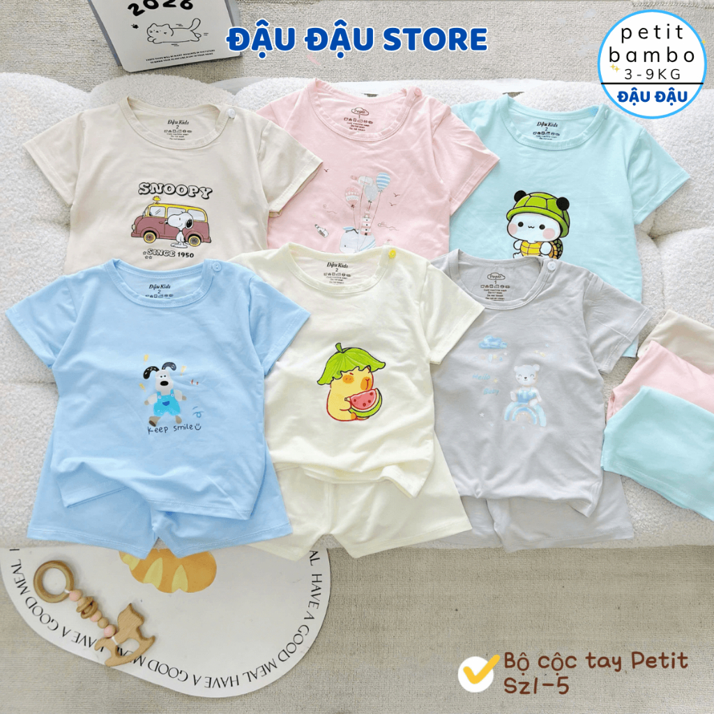 Set 2/3 Bộ cộc cài vai thun petit mềm mịn in hoạ tiết cho bé trai bé gái size 4-15 kg DK-CV333 Đậu Đậu Store