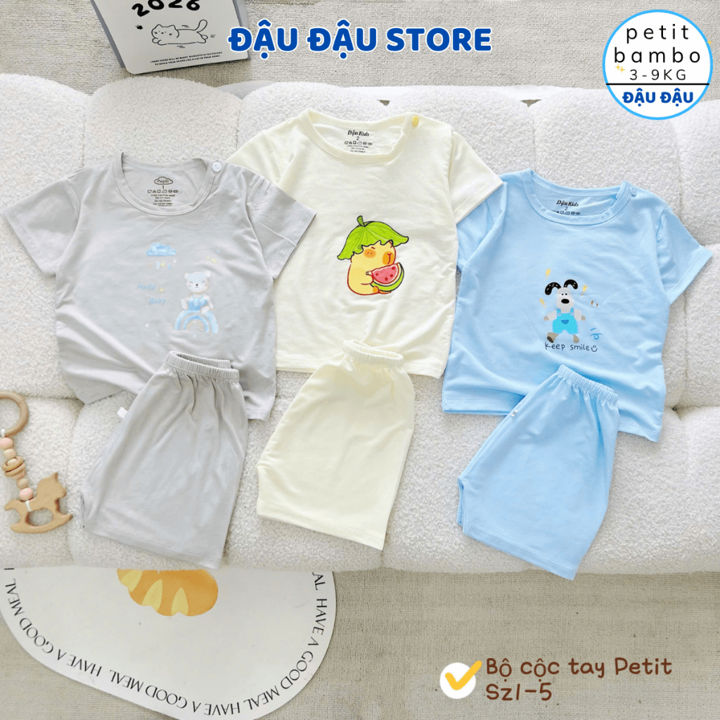 Set 2/3 Bộ cộc cài vai thun petit mềm mịn in hoạ tiết cho bé trai bé gái size 4-15 kg DK-CV333 Đậu Đậu Store