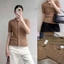 Áo len nâu ngắn tay GUMIN thiết kế áo cổ bẻ basic công sở thanh lịch, Áo kiểu nữ vintage sang trọng cao cấp